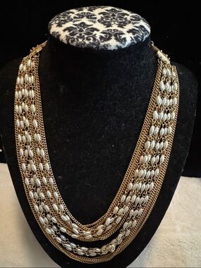 Gold Tone Chains & Faux Pearls Bead Multi Strands Necklace